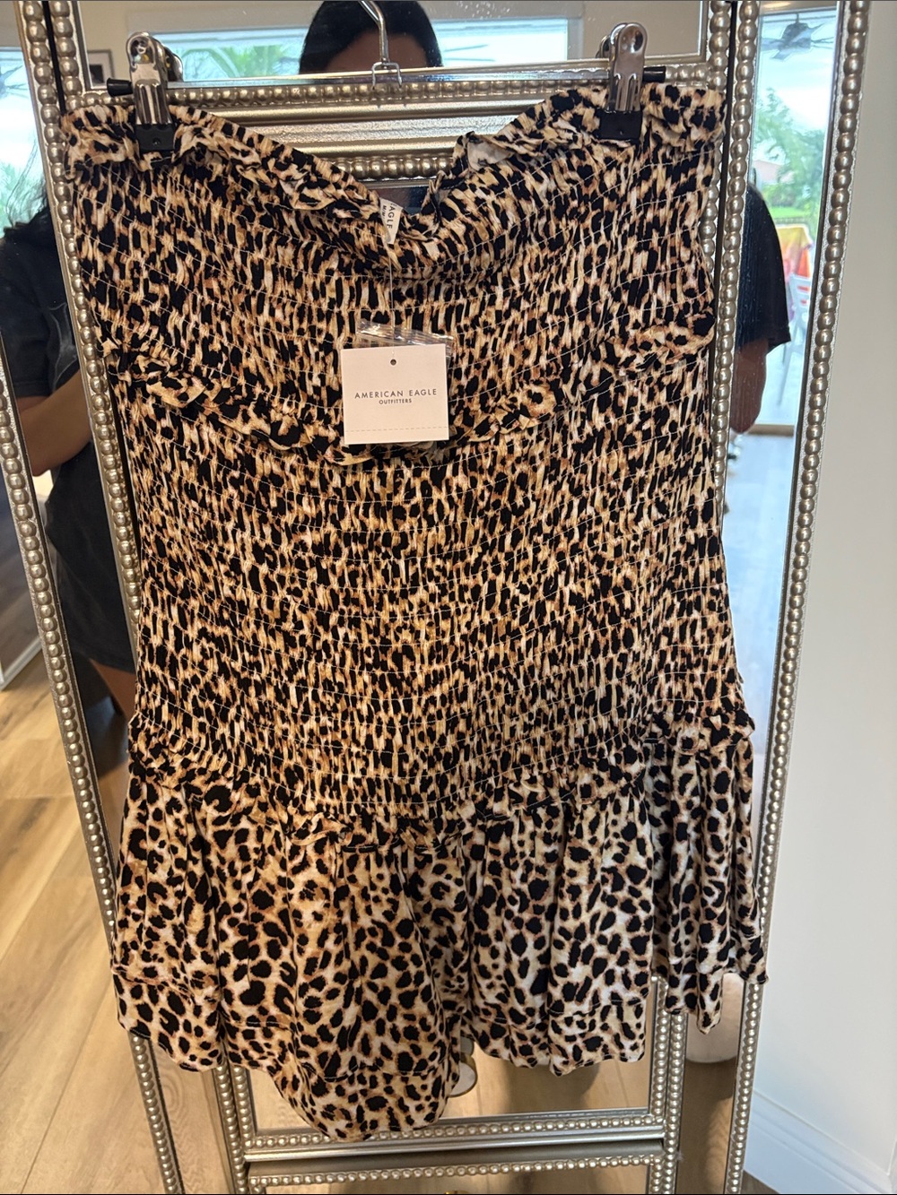 American Eagle Outfitters Leopard Smocked Ruffle Tunic Top - Beige & Black